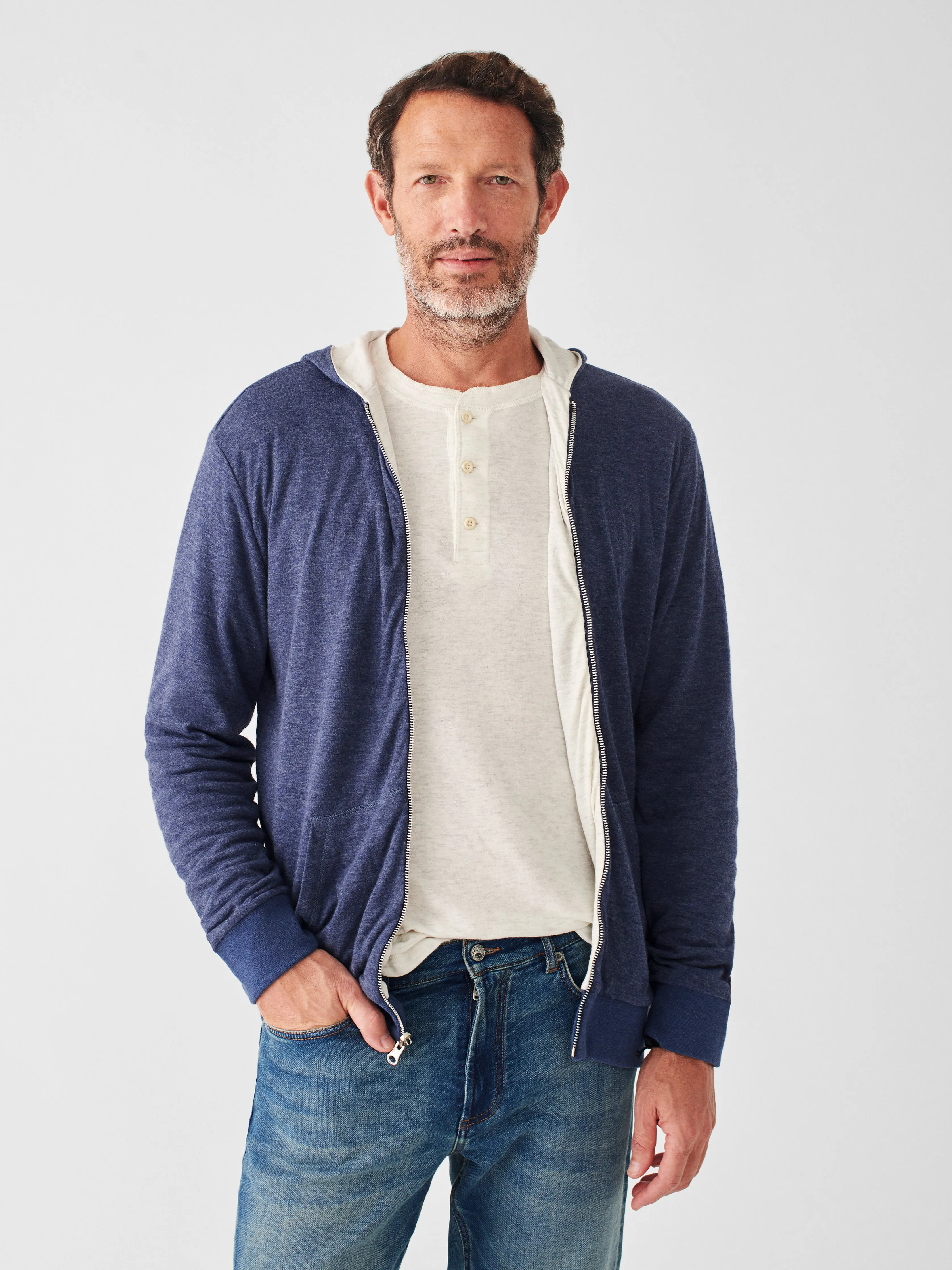 Cloud Cotton Reversible Zip Hoodie - Navy Heather Ivory Heather sold by Faherty