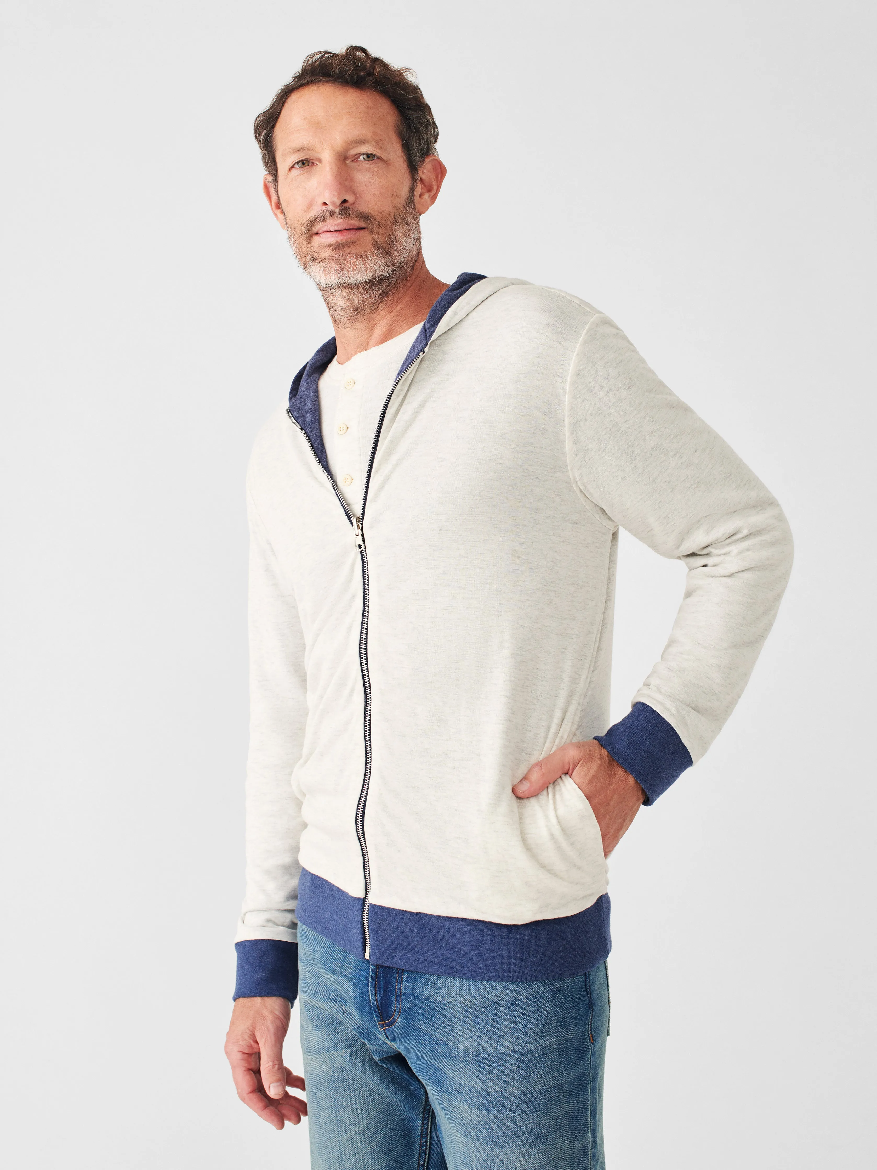 Cloud Cotton Reversible Zip Hoodie - Navy Heather Ivory Heather sold by Faherty product image thumbnail 2