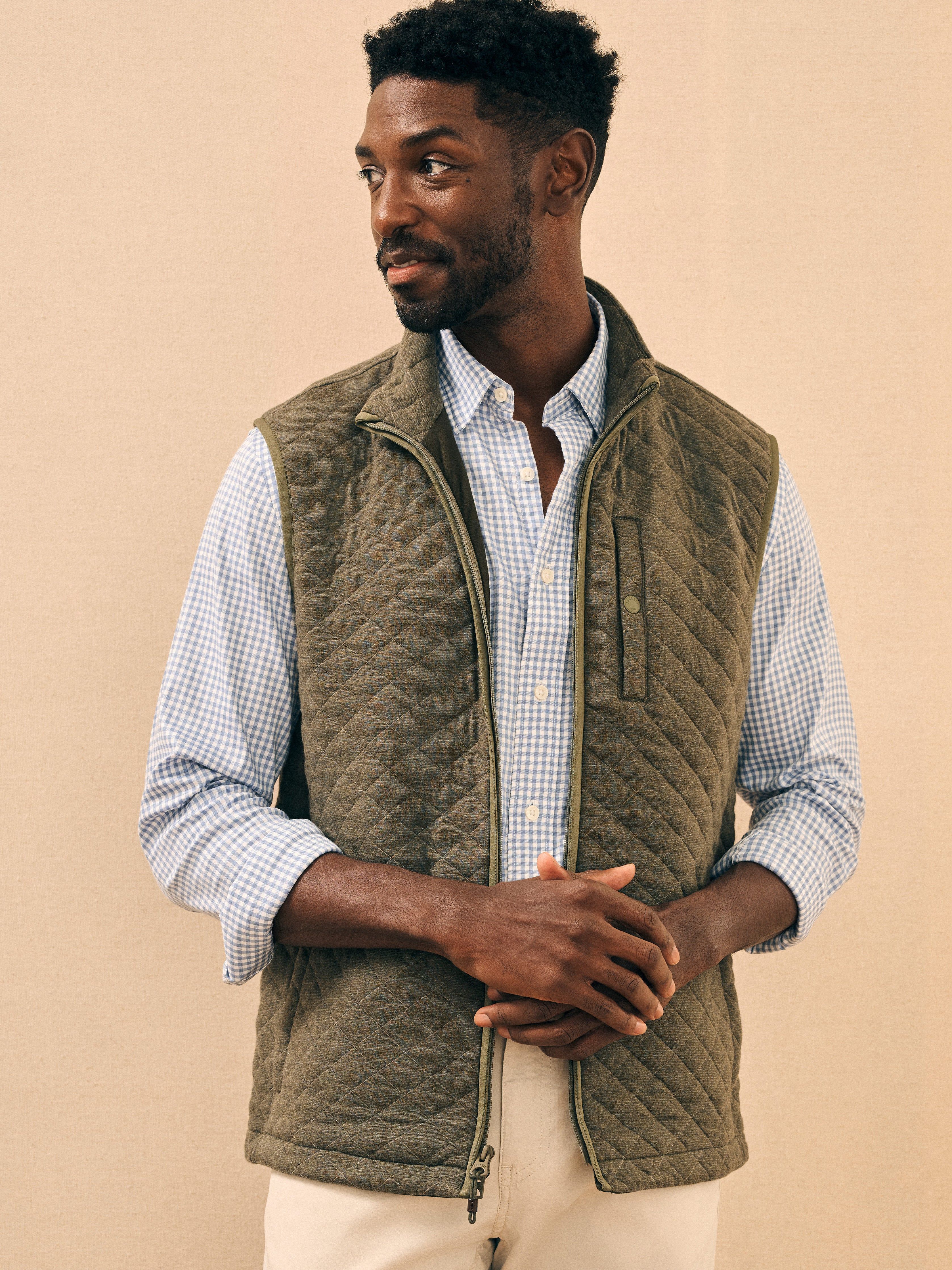 Epic Quilted Fleece Vest - Olive Melange sold by Faherty