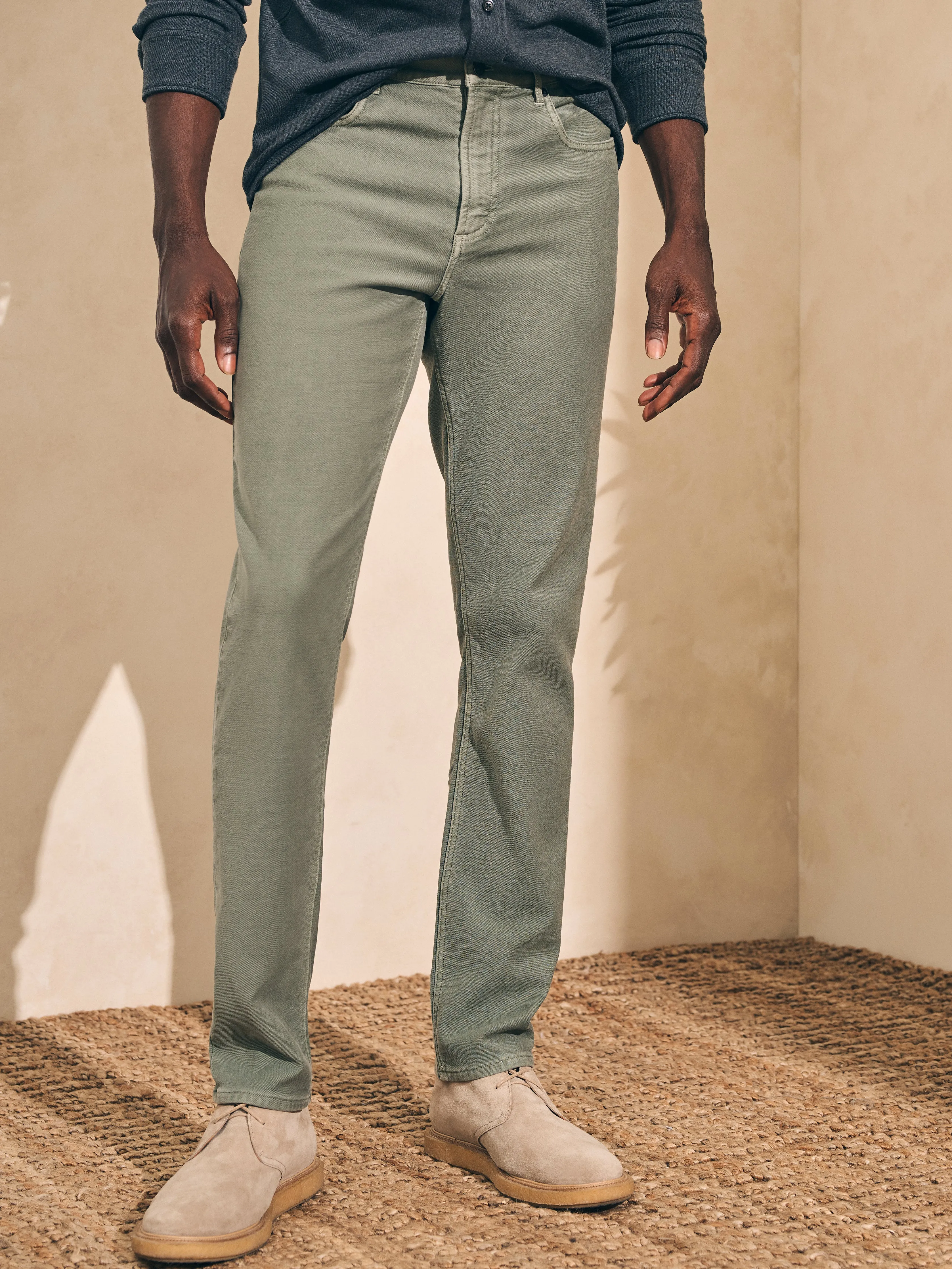 Stretch Terry 5-Pocket Athletic Fit Pant (30" Inseam) - Faded Olive sold by Faherty