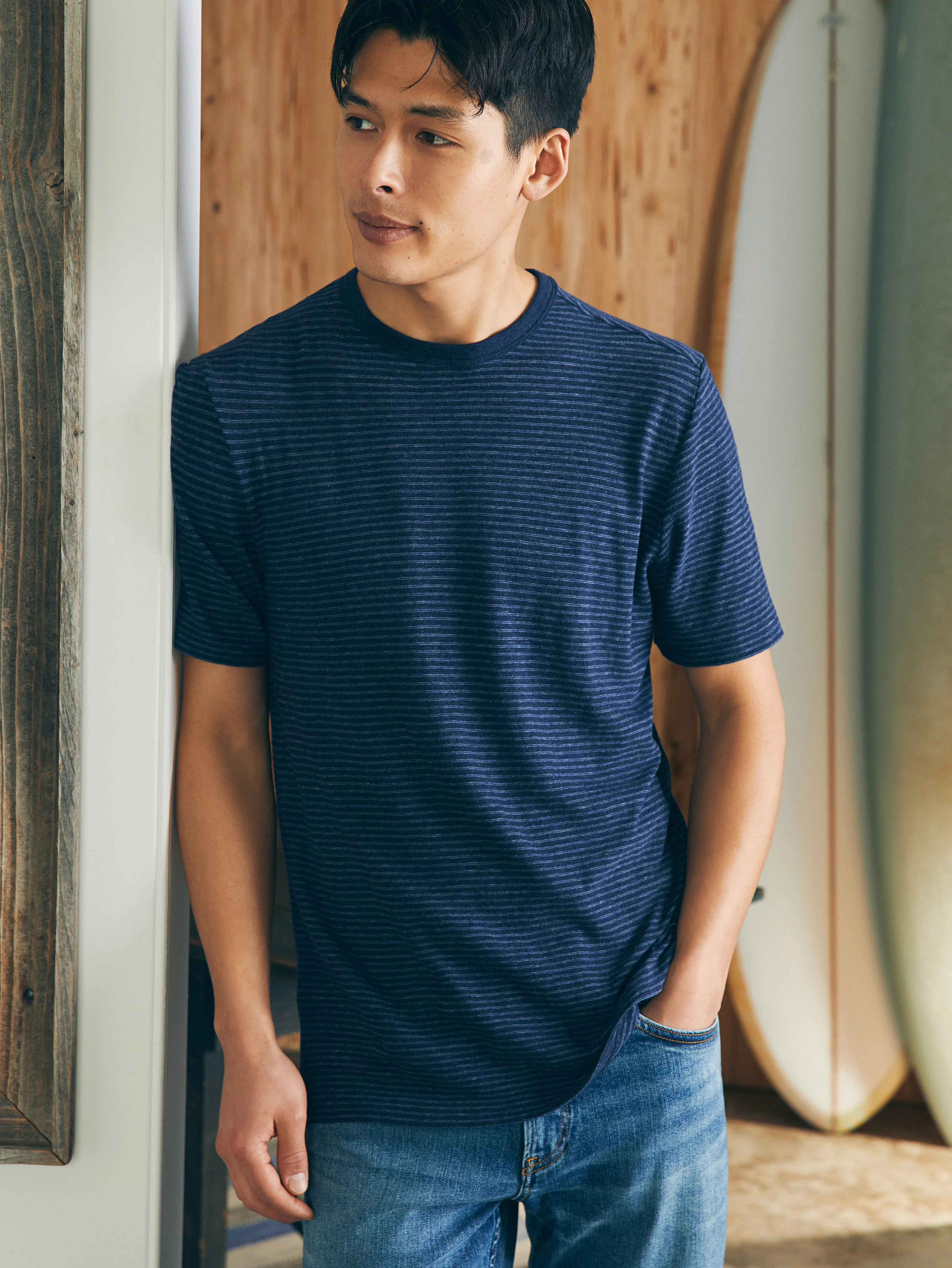 Short-Sleeve Vintage Chambray Tee - Navy Cove Stripe sold by Faherty