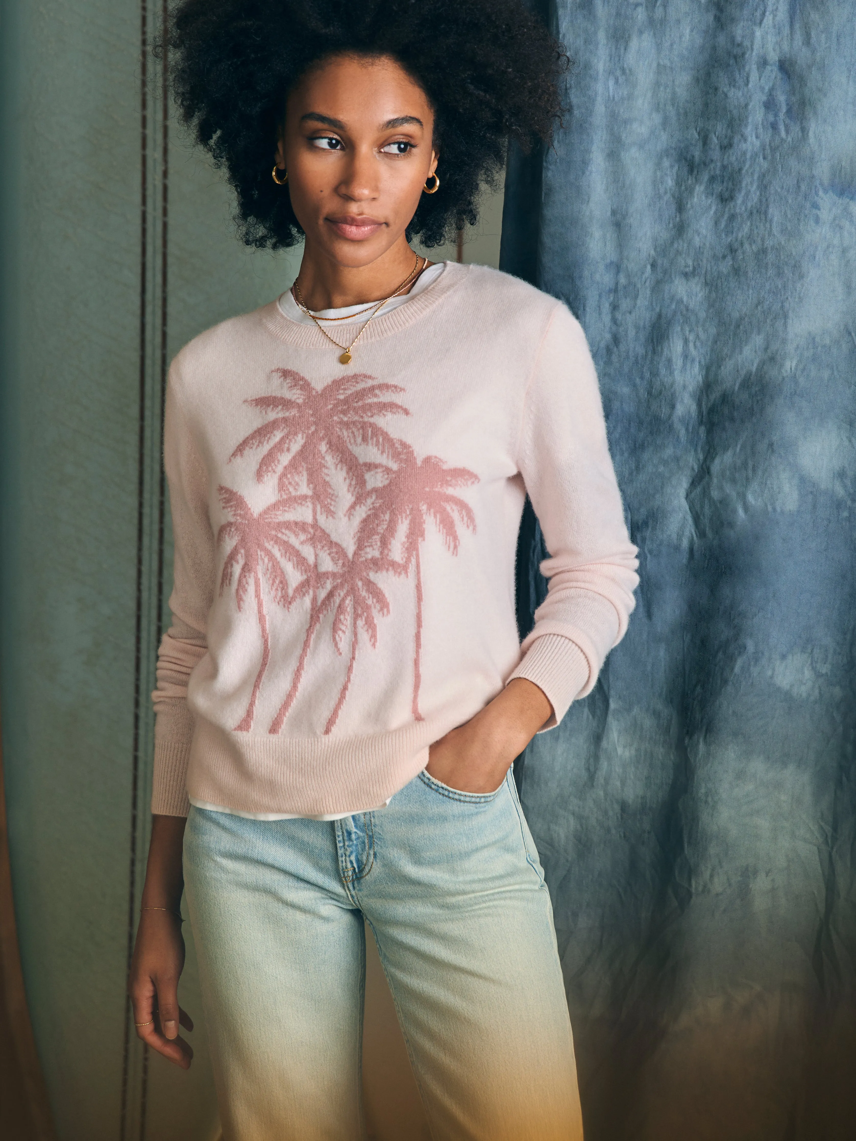 Palm Coast Cashmere Crewneck - Clay Palm Horizon sold by Faherty