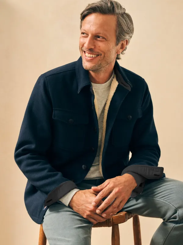 High Pile Fleece Lined Wool CPO - Navy Shadow Twill sold by Faherty