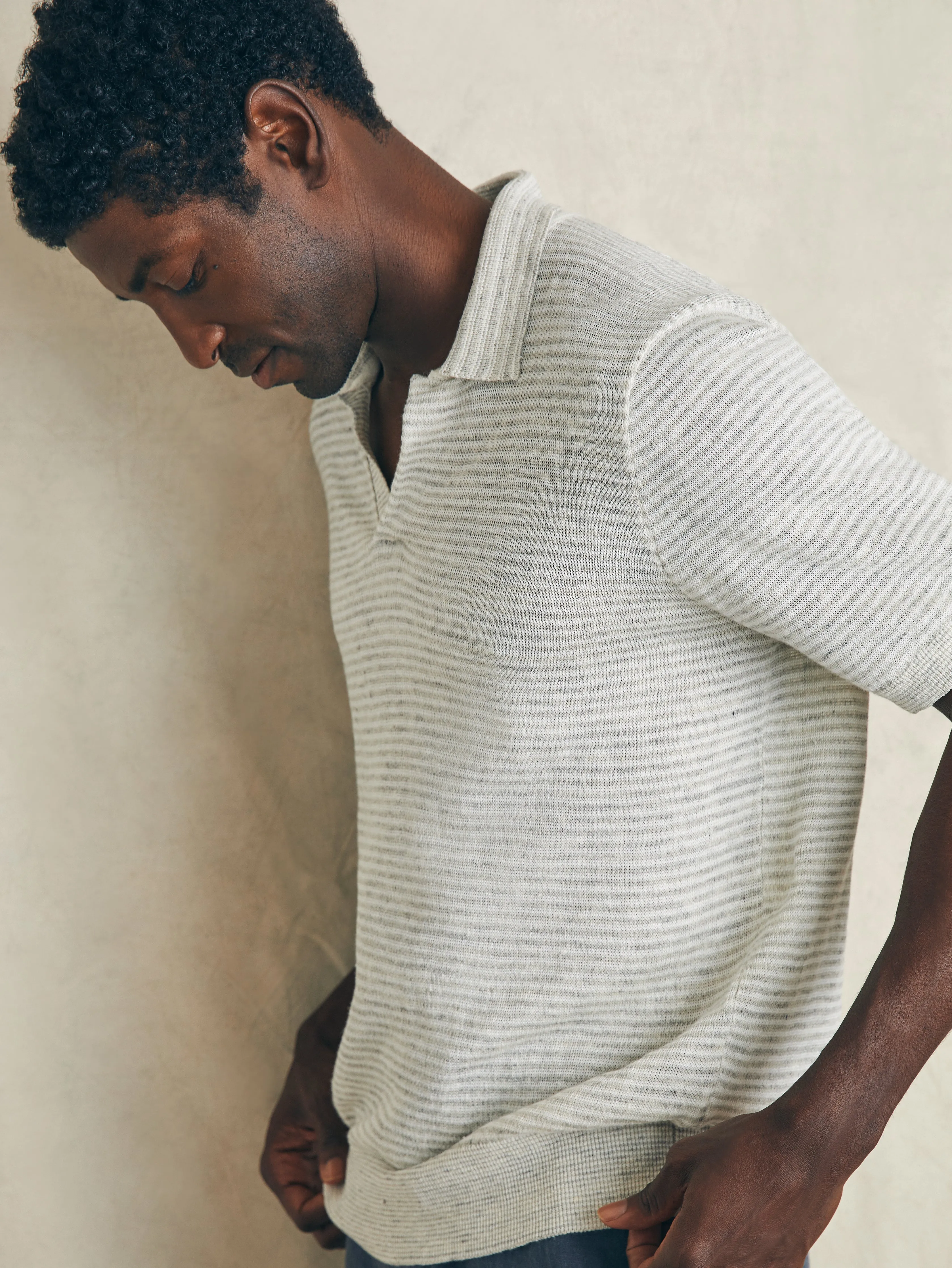 Short-Sleeve Linen Sweater Polo - Ivory Steel Feeder sold by Faherty product image thumbnail 4