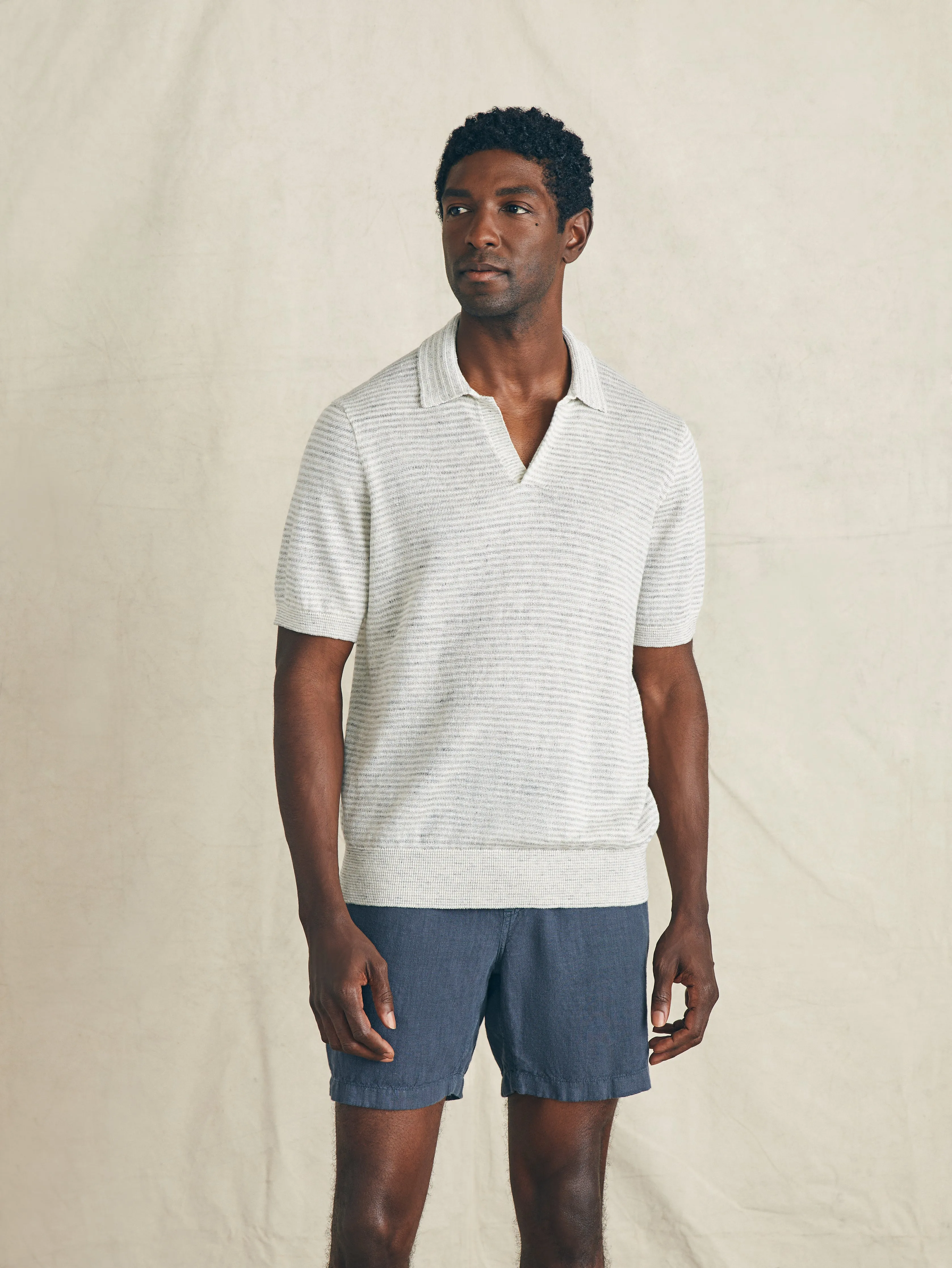 Short-Sleeve Linen Sweater Polo - Ivory Steel Feeder sold by Faherty product image thumbnail 3