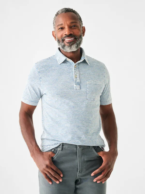 Short-Sleeve Indigo Polo Shirt - Salt Wash Indigo Stripe sold by Faherty
