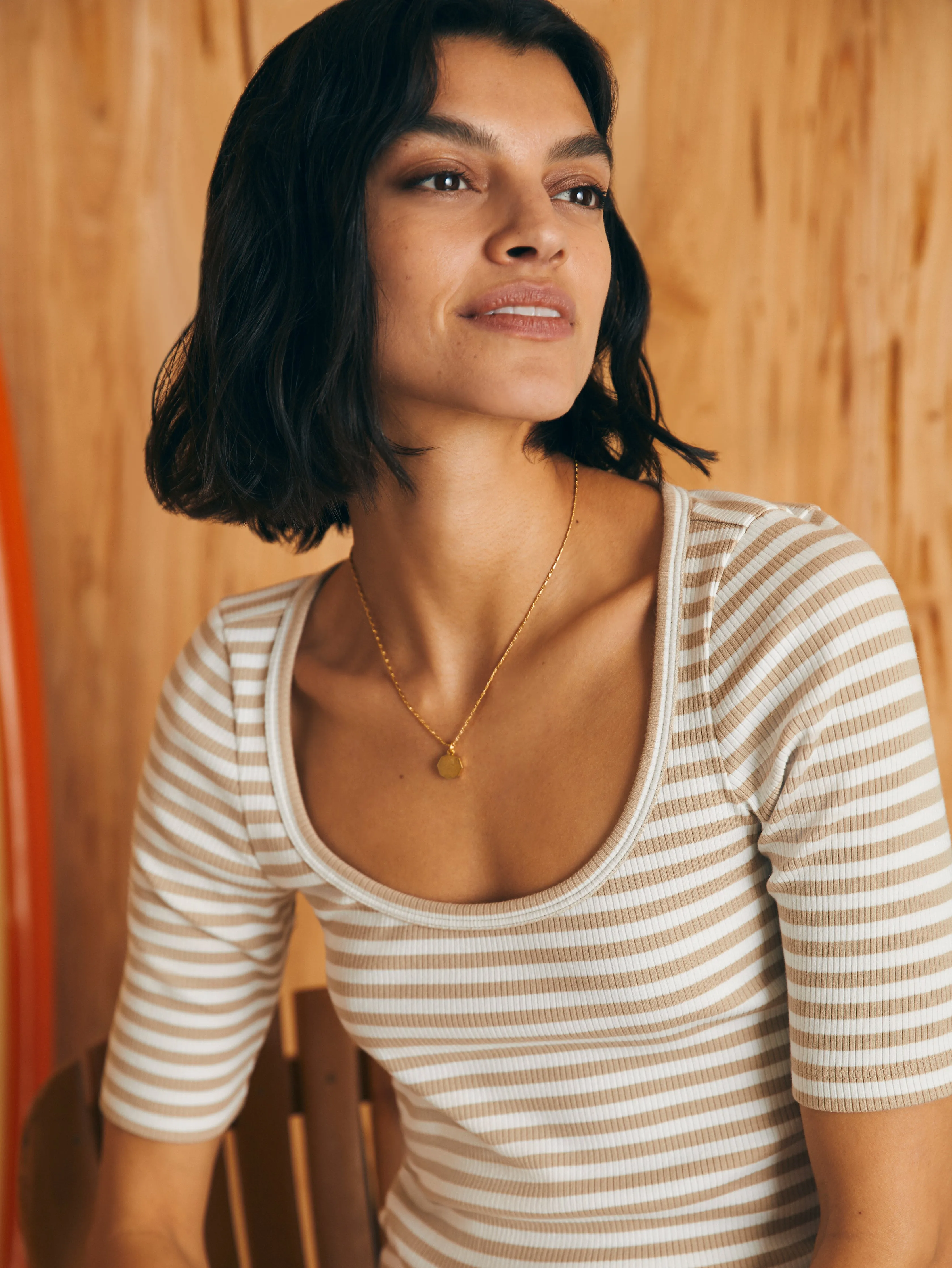 Freestyle Rib Elbow Sleeve Knit Tee - Neutral Seaside Stripe sold by Faherty product image thumbnail 4