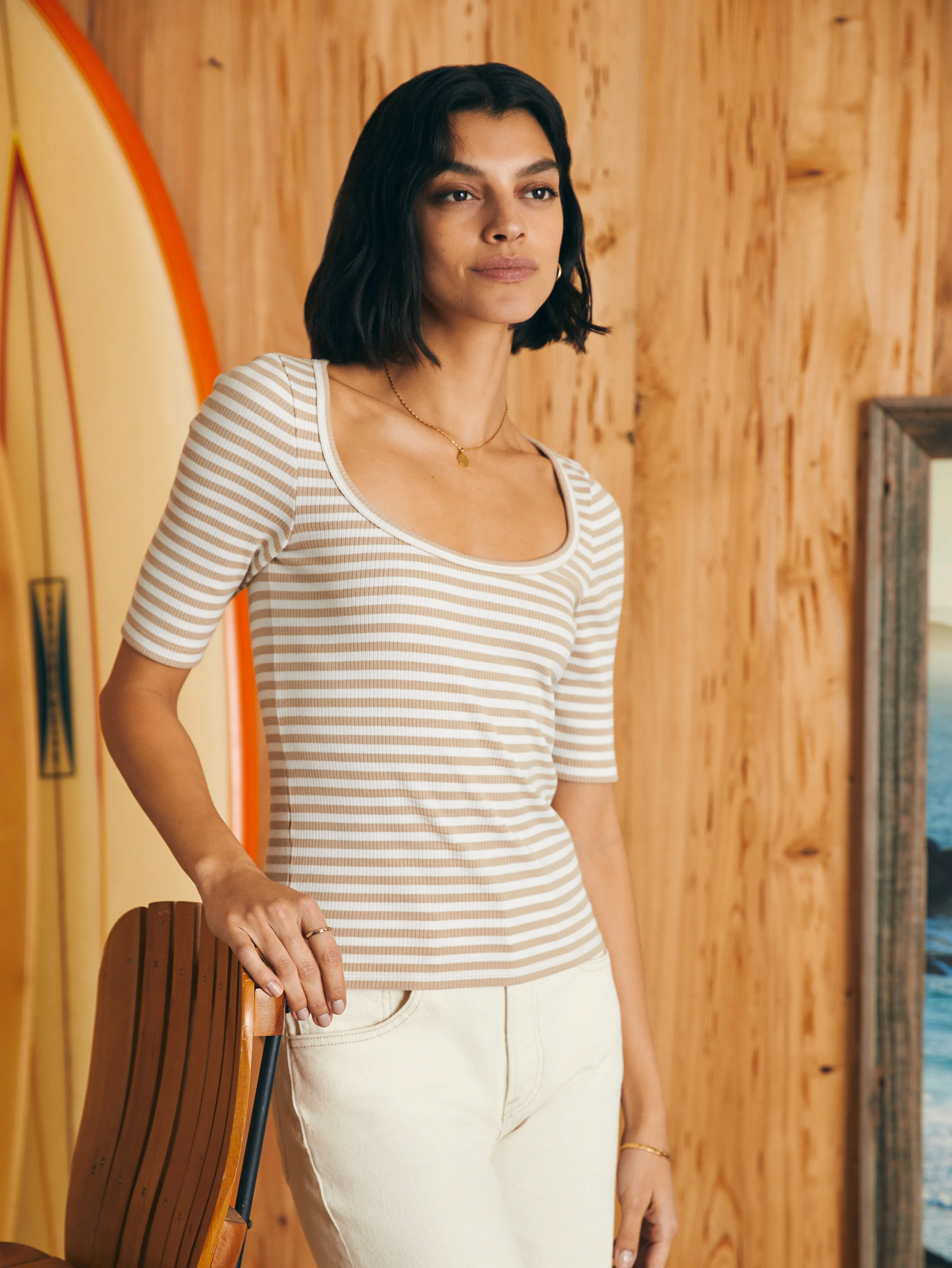 Freestyle Rib Elbow Sleeve Knit Tee - Neutral Seaside Stripe sold by Faherty product image thumbnail 5