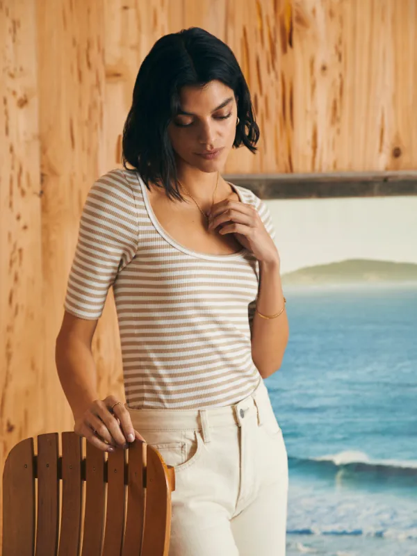 Freestyle Rib Elbow Sleeve Knit Tee - Neutral Seaside Stripe sold by Faherty