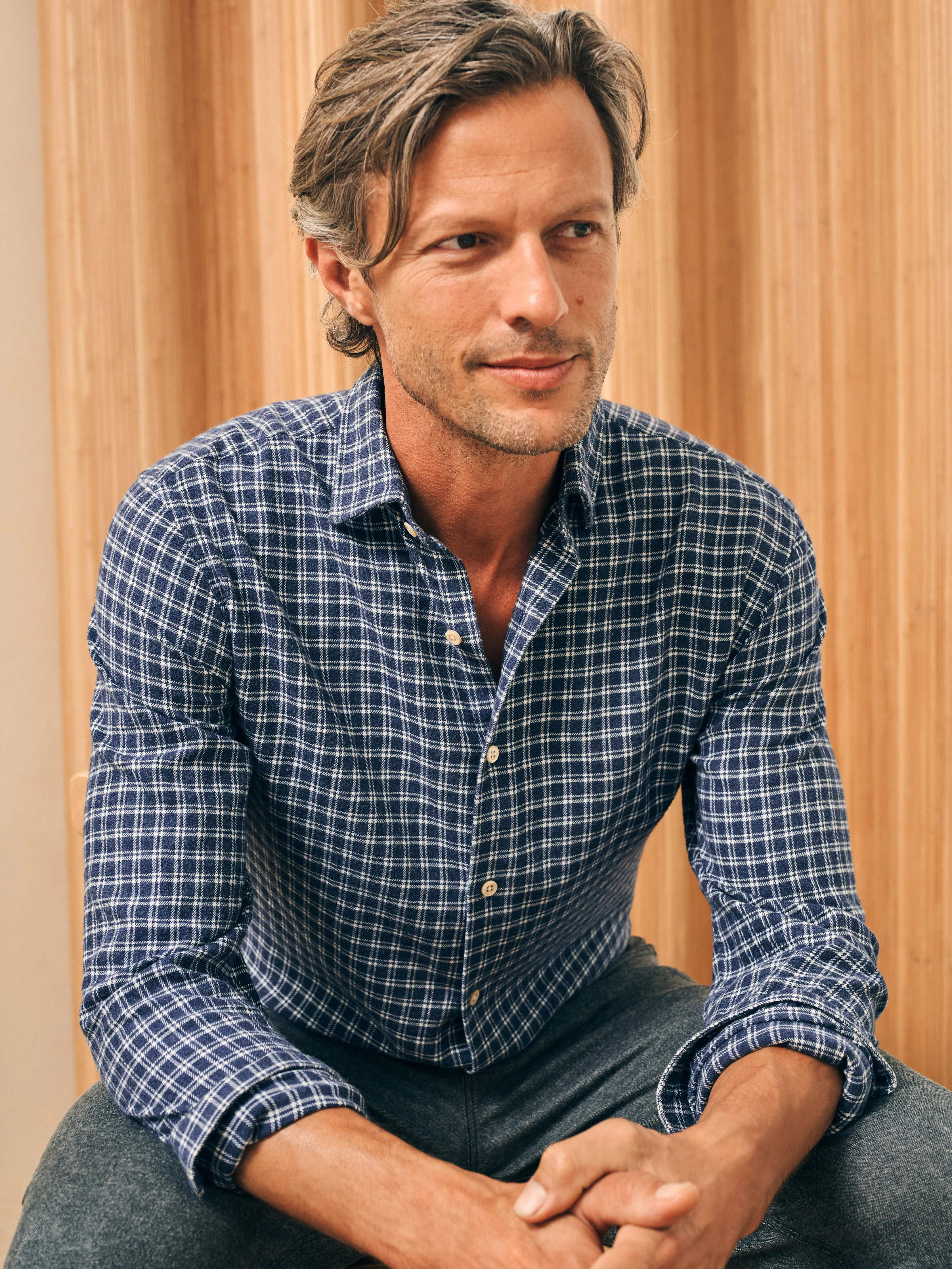 Reserve Flannel Shirt - Navy White Check sold by Faherty