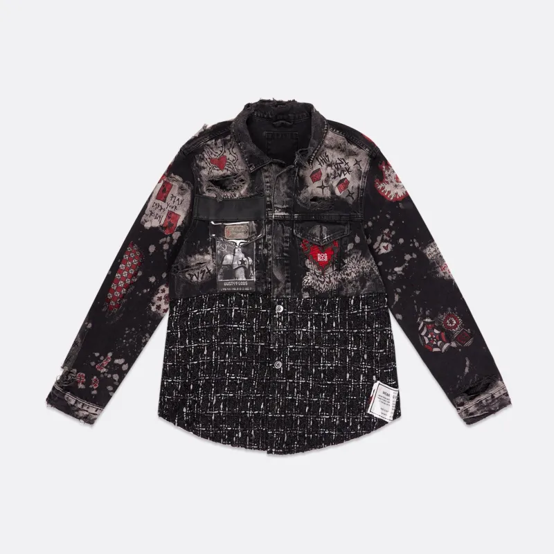 UPCYCLED MIXED DENIM AND TWEED JACKET sold by Faith Connexion