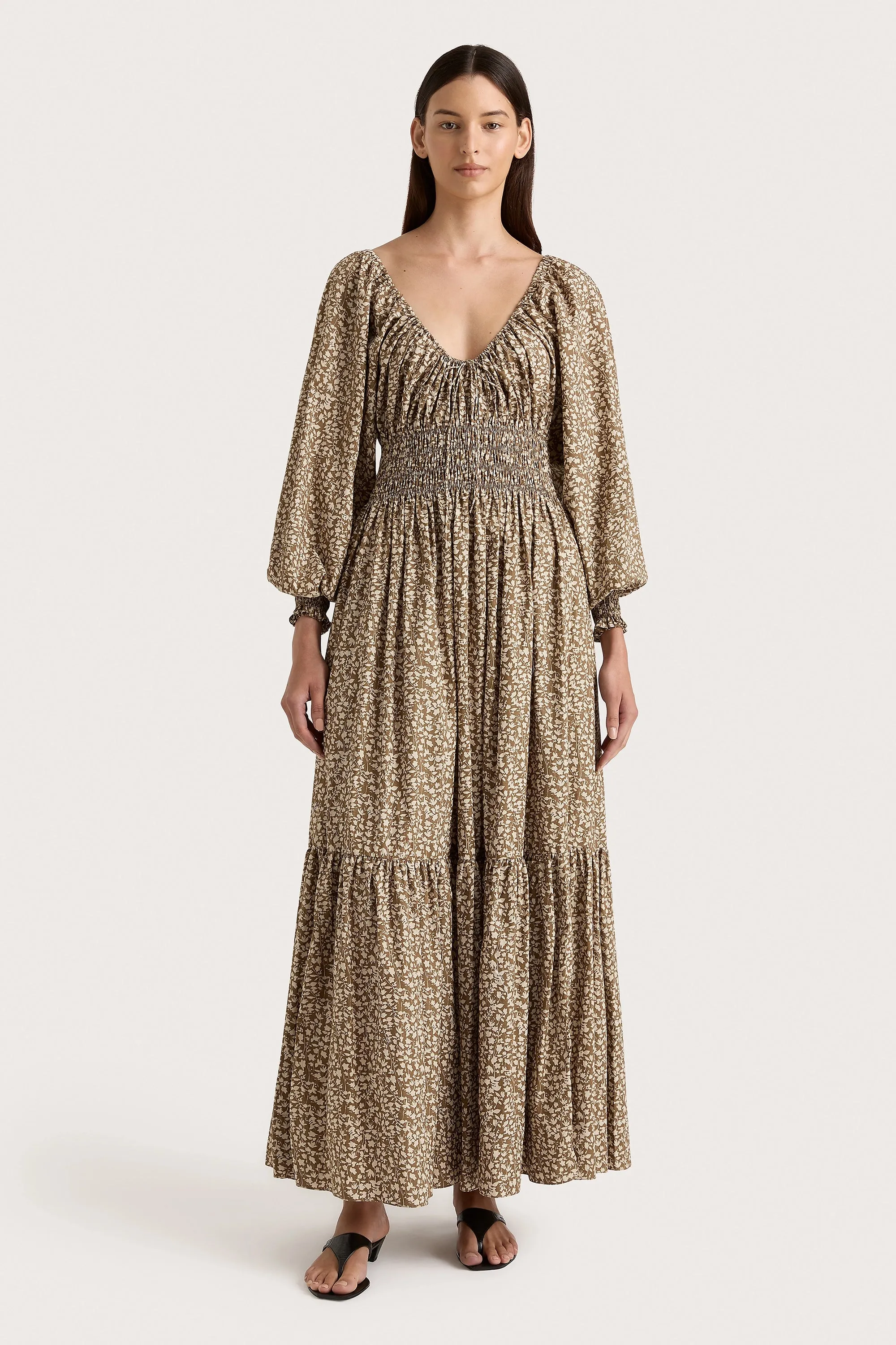 Fleur Maxi Dress Micro Leaves Walnut - Final Sale sold by Faithfull the Brand