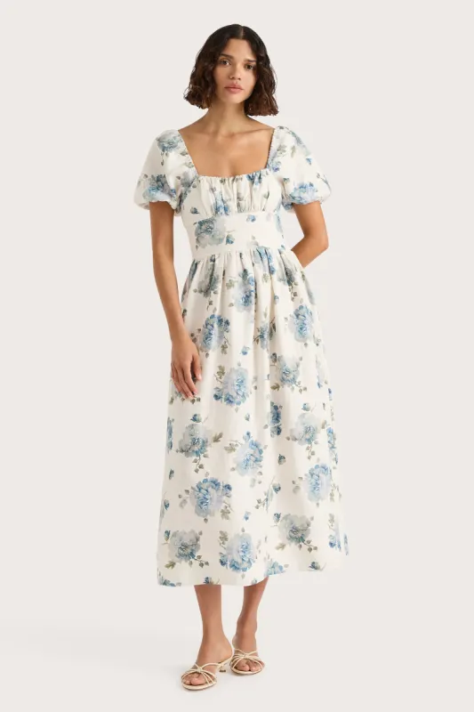 Dalia Midi Dress Cecile Floral Pale Blue sold by Faithfull the Brand