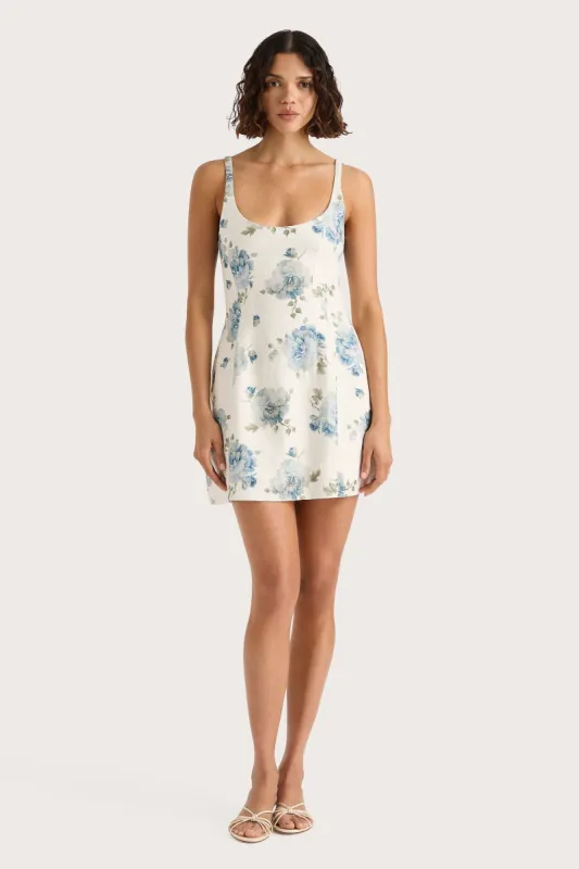 Sanne Mini Dress Cecile Floral Pale Blue sold by Faithfull the Brand