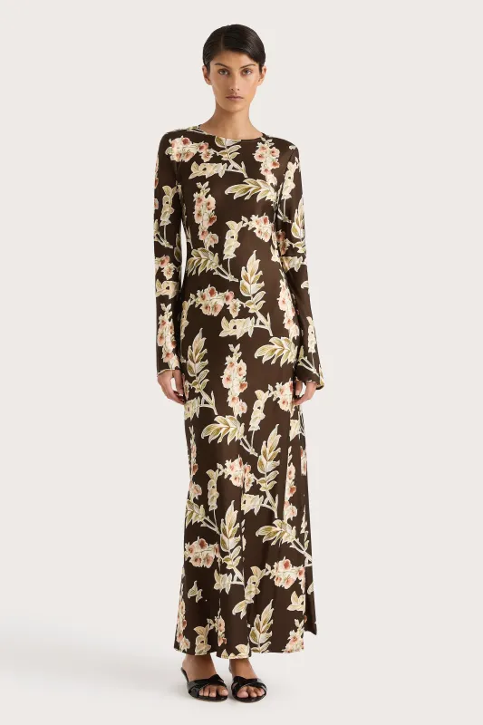 Faroe Maxi Dress Jardin Floral Chocolate sold by Faithfull the Brand