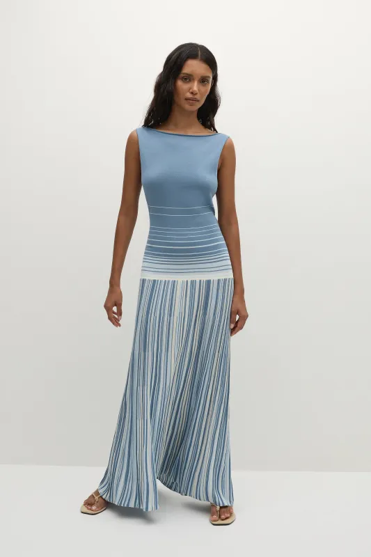 Xyla Maxi Dress Accordion Stripe Mineral Blue sold by Faithfull the Brand