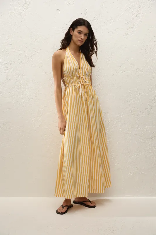 Ermita Midi Dress Orozco Stripe Mustard sold by Faithfull the Brand