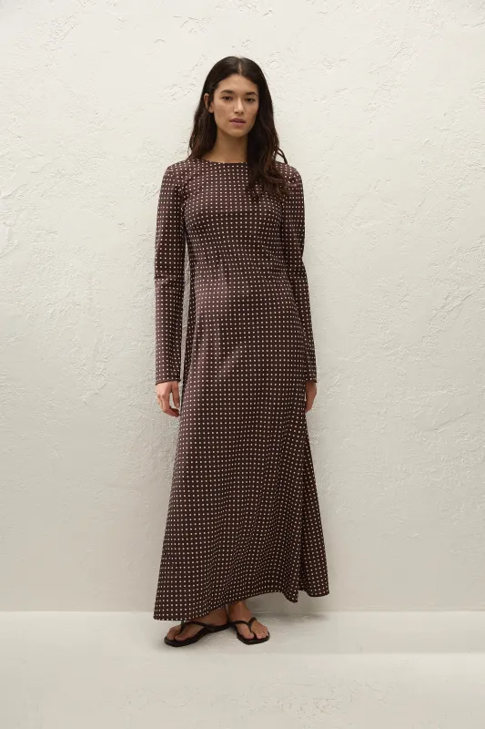 Mesa Maxi Dress Polkadot Chocolate Plum sold by Faithfull the Brand