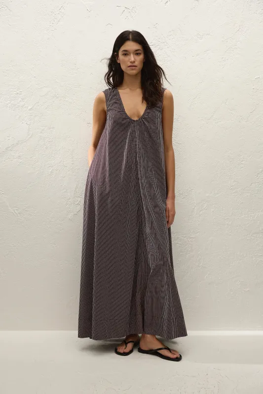 Pedrera Maxi Dress Rocio Pinstripe Chocolate Plum sold by Faithfull the Brand