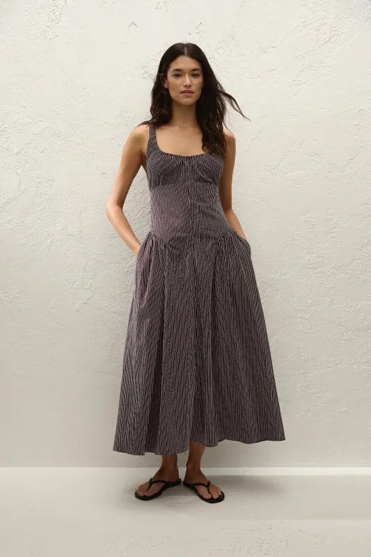 Olas Midi Dress Rocio Pinstripe Chocolate Plum sold by Faithfull the Brand
