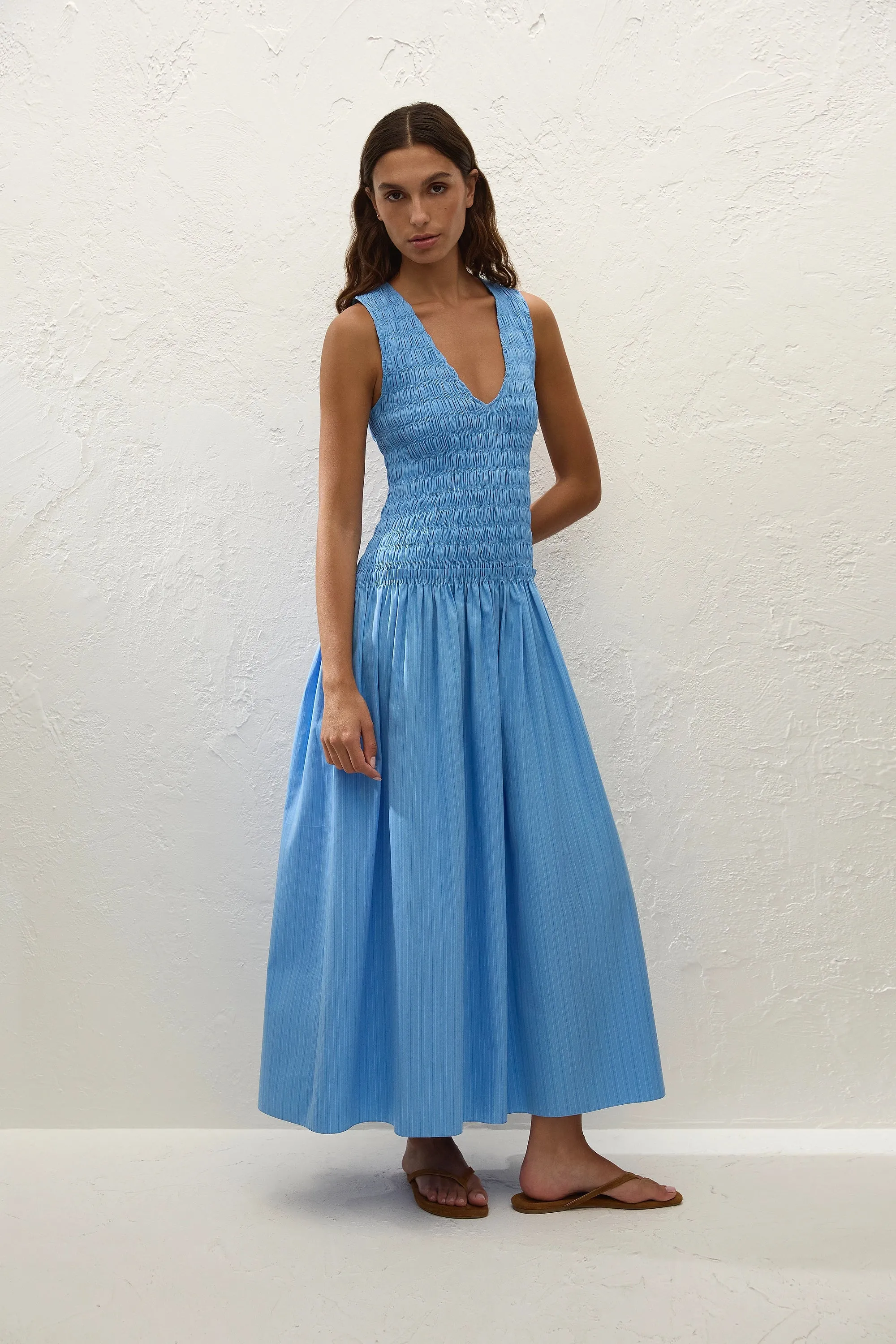 Palomar Midi Dress Mico Pinstripe Azul sold by Faithfull the Brand product image thumbnail 3