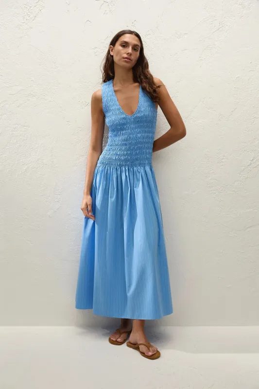 Palomar Midi Dress Mico Pinstripe Azul sold by Faithfull the Brand