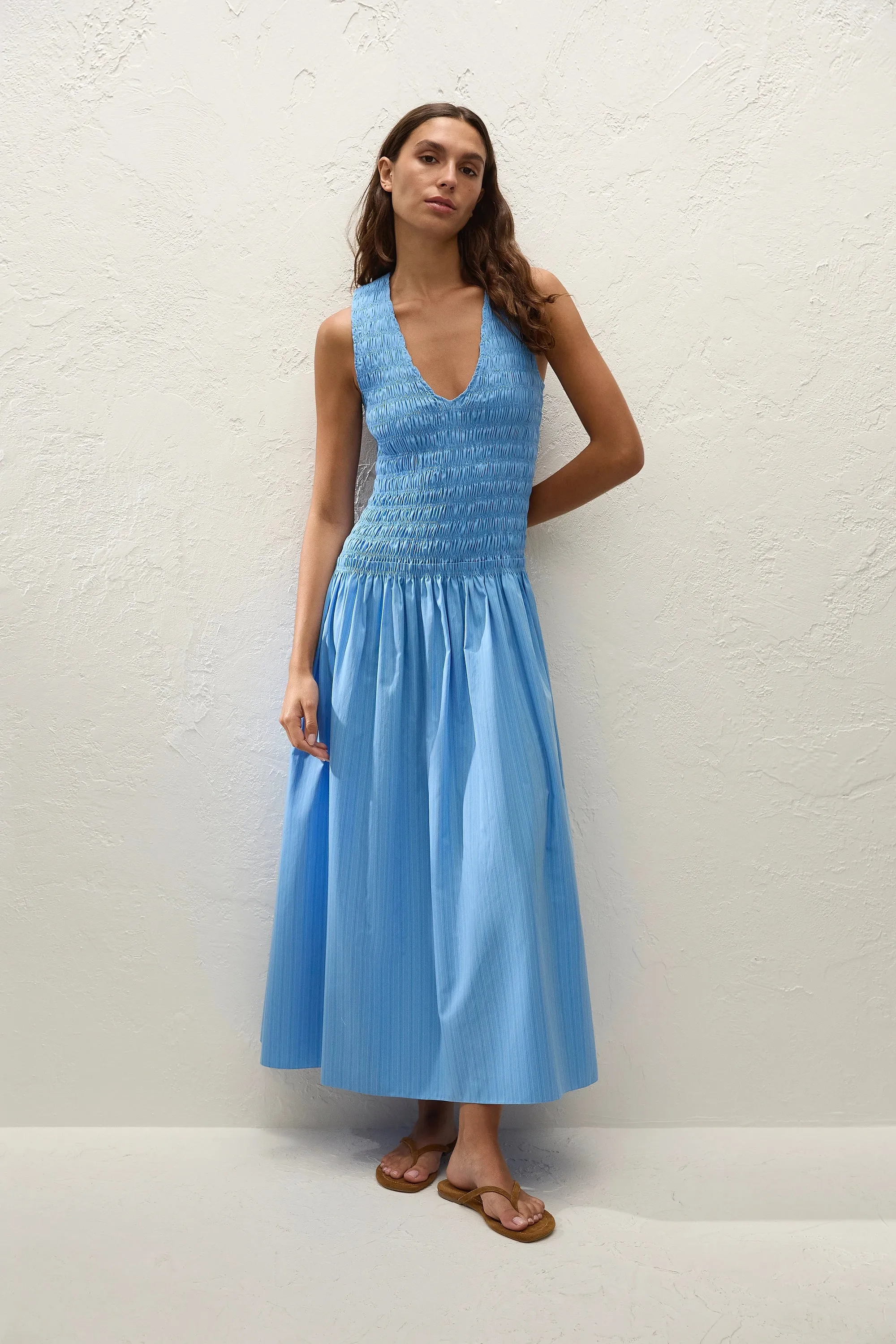 Palomar Midi Dress Mico Pinstripe Azul sold by Faithfull the Brand