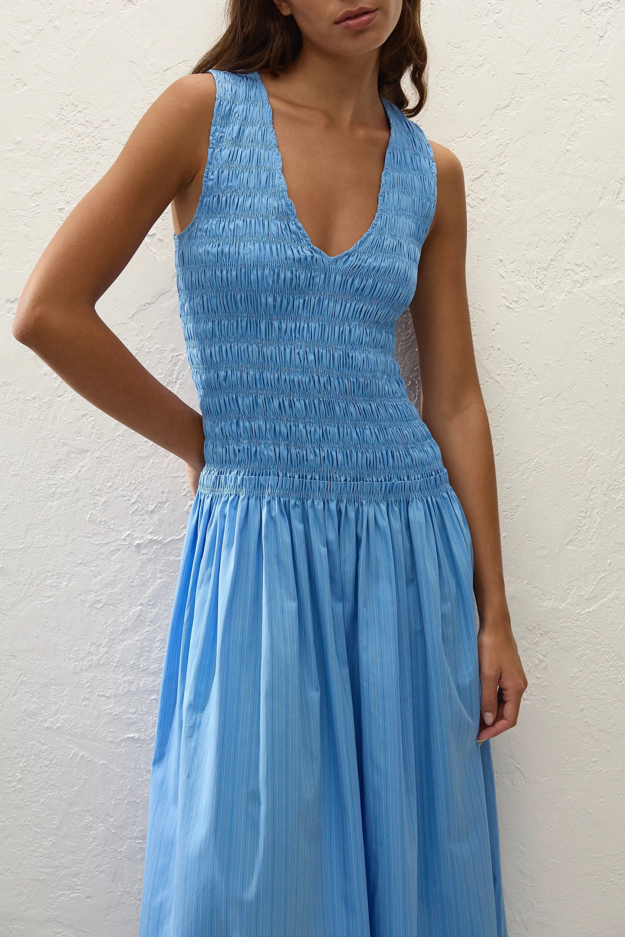 Palomar Midi Dress Mico Pinstripe Azul sold by Faithfull the Brand product image thumbnail 2