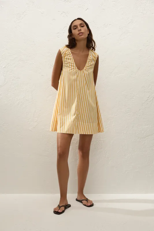 Pedrera Mini Dress Orozco Stripe Mustard sold by Faithfull the Brand