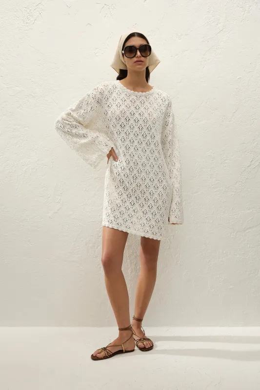 Romina Mini Dress Pointelle Knit Vintage White made by Venezia