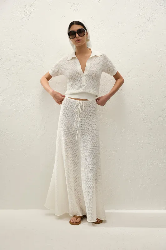 Lenna Polo Top Pointelle Lace Vintage White made by Venezia