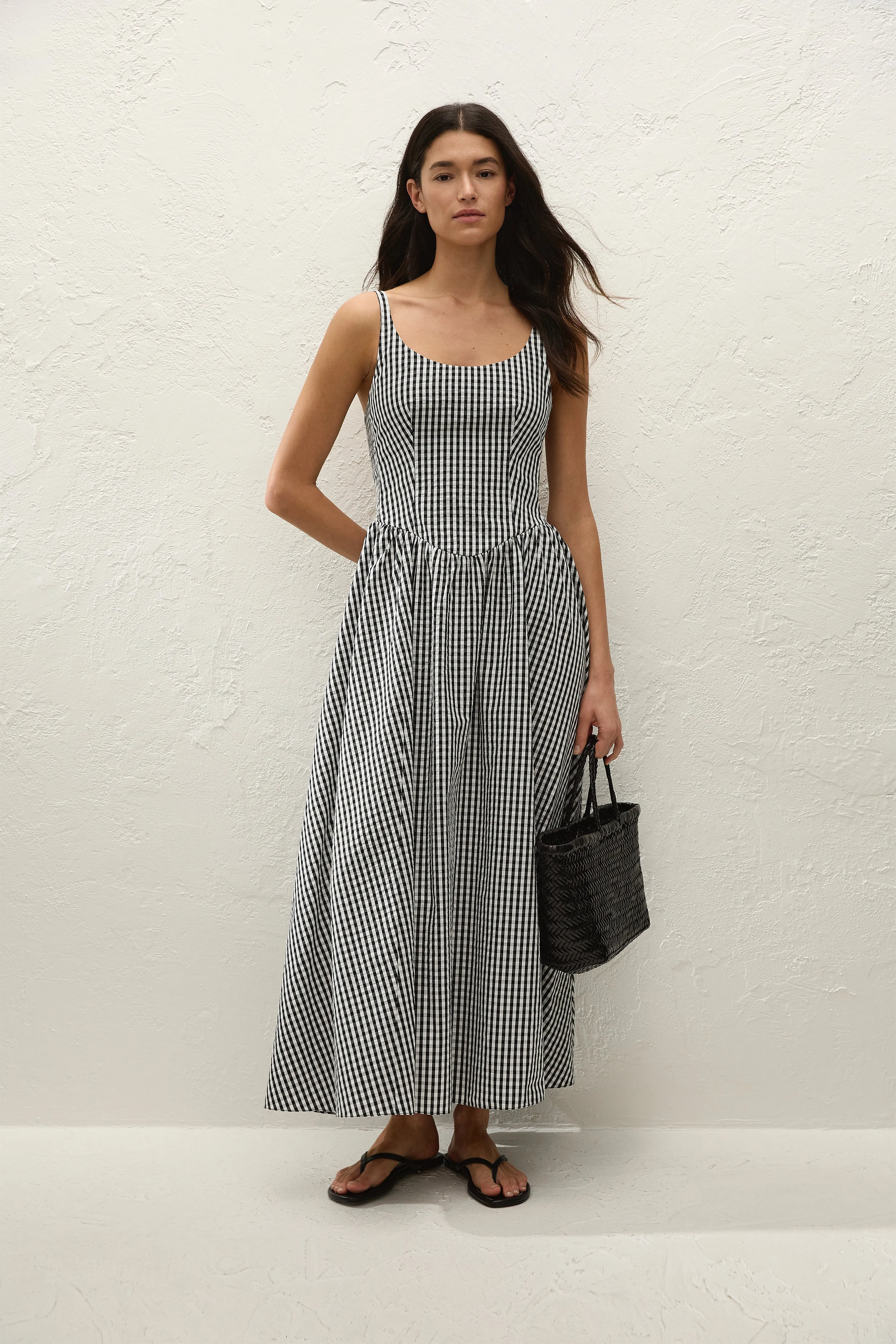 Chiara Midi Dress Black Textured Gingham sold by Faithfull the Brand