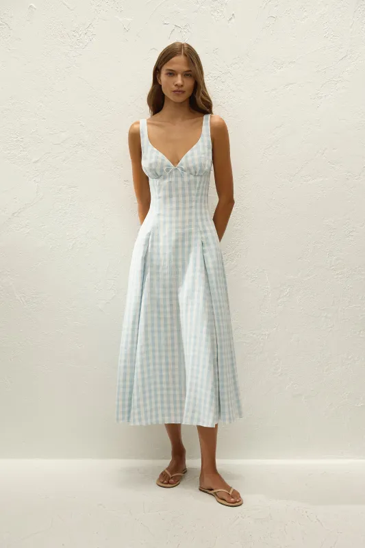 Adalee Midi Dress Gingham Sky Blue made by Faithfull the Brand