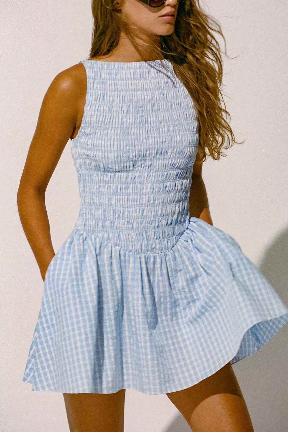 Martina Mini Dress Paloma Check Light Blue White sold by Faithfull the Brand product image thumbnail 2