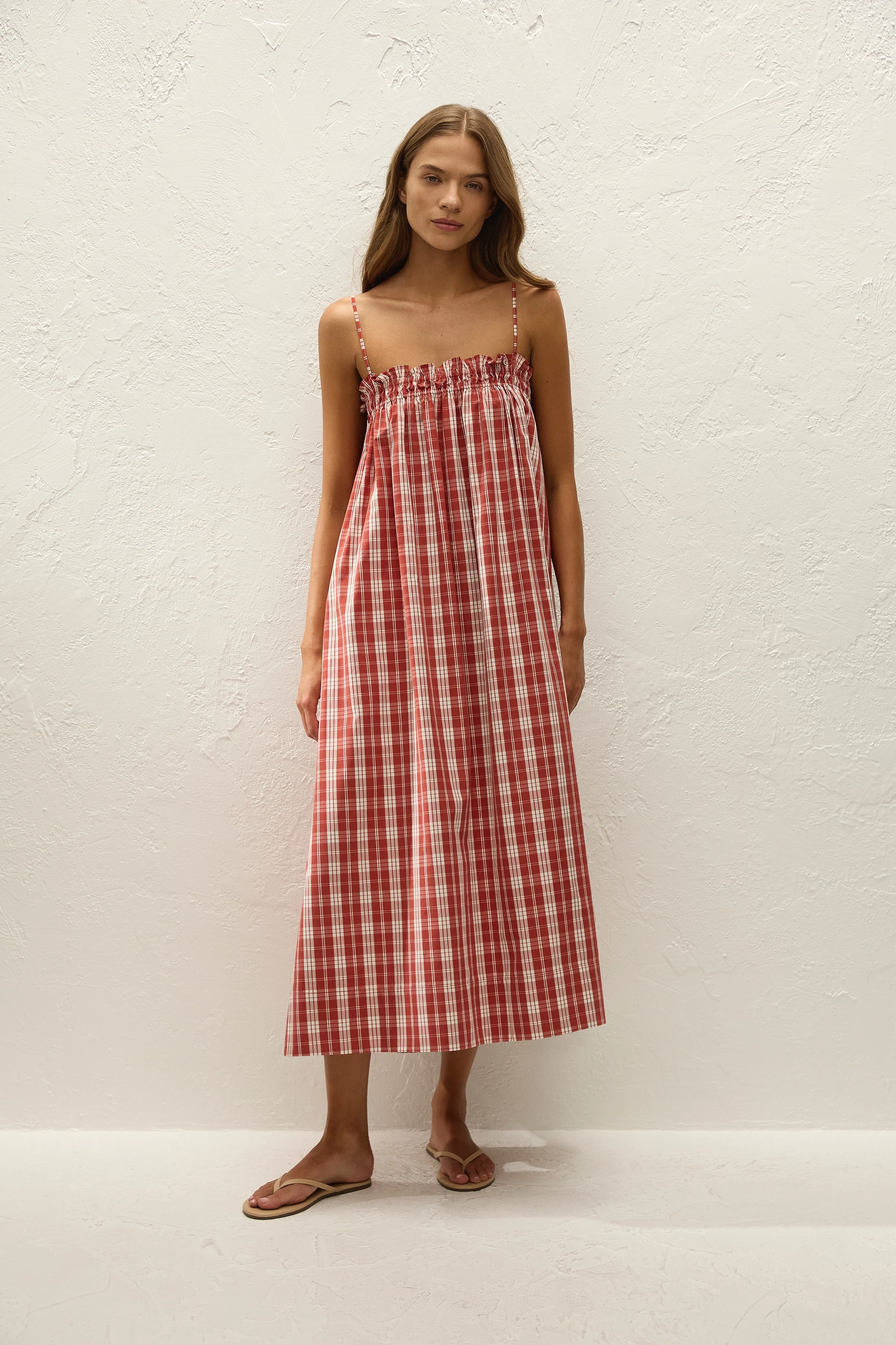 Gerta Midi Dress Ines Check Terra Rosso sold by Faithfull the Brand
