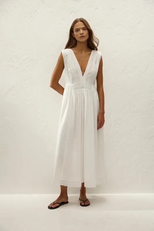 Dalila Midi Dress Fernanda Lace Antique White made by Faithfull the Brand