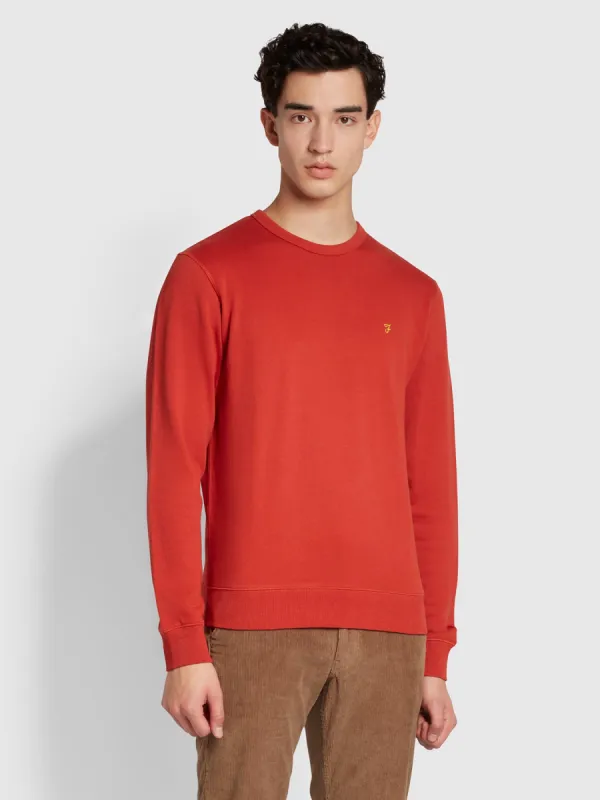 Tim Slim Fit Organic Cotton Crew Sweatshirt In Crimson sold by Farah