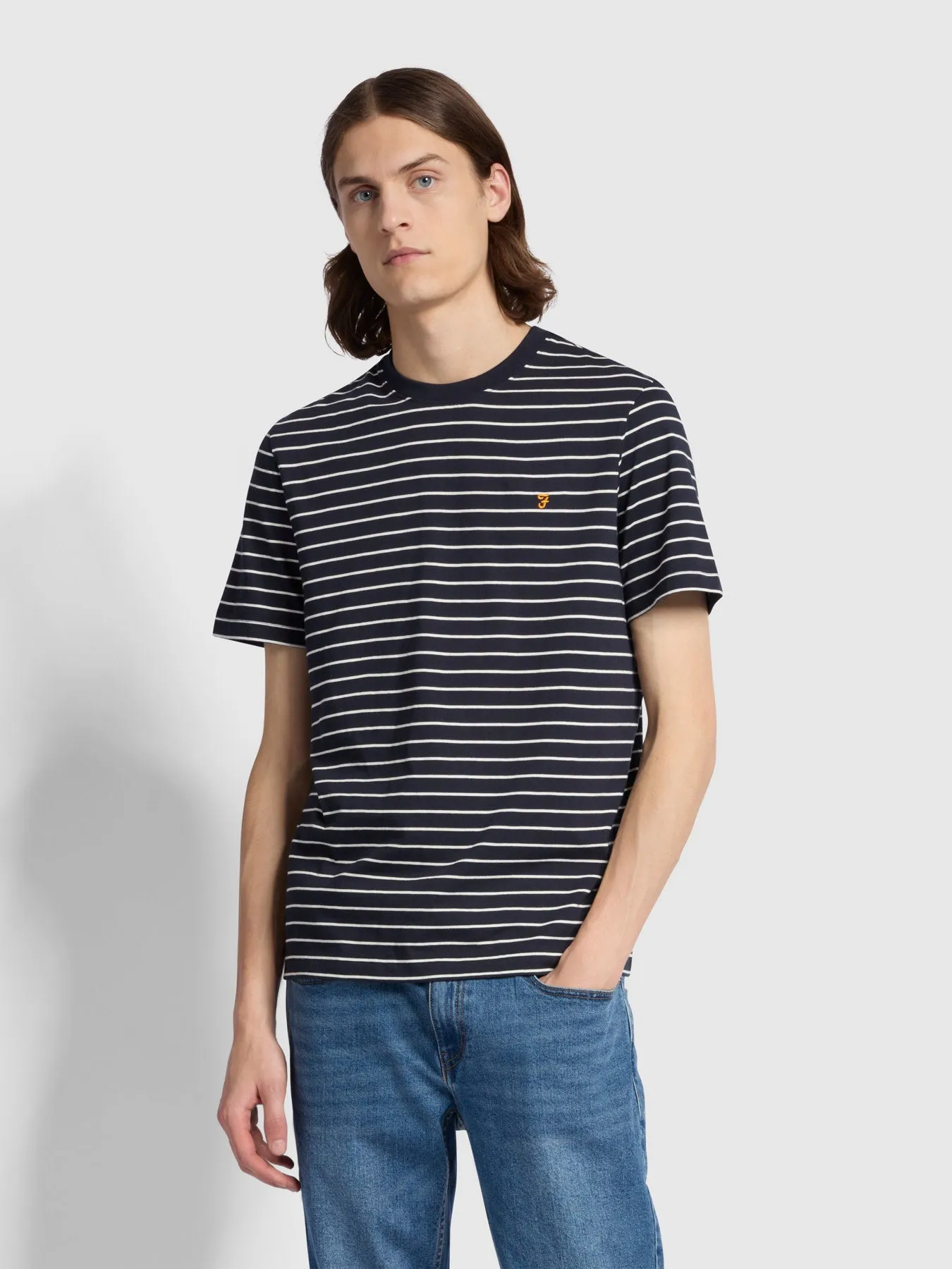 Oakland Regular Fit Bretton Stripe T-Shirt In True Navy sold by Farah
