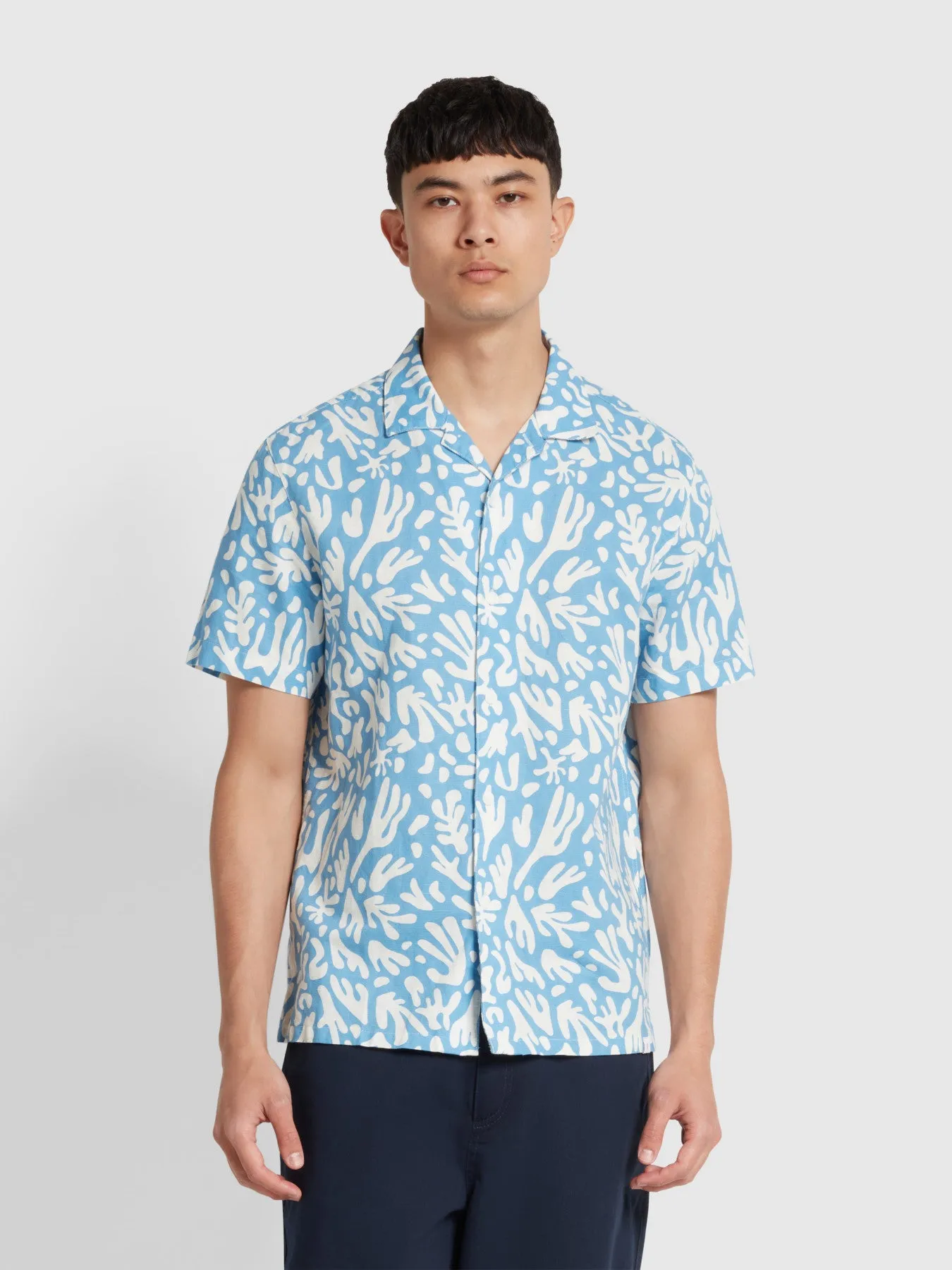 Saunders Short Sleeve Revere Print Shirt In Arctic Blue sold by Farah
