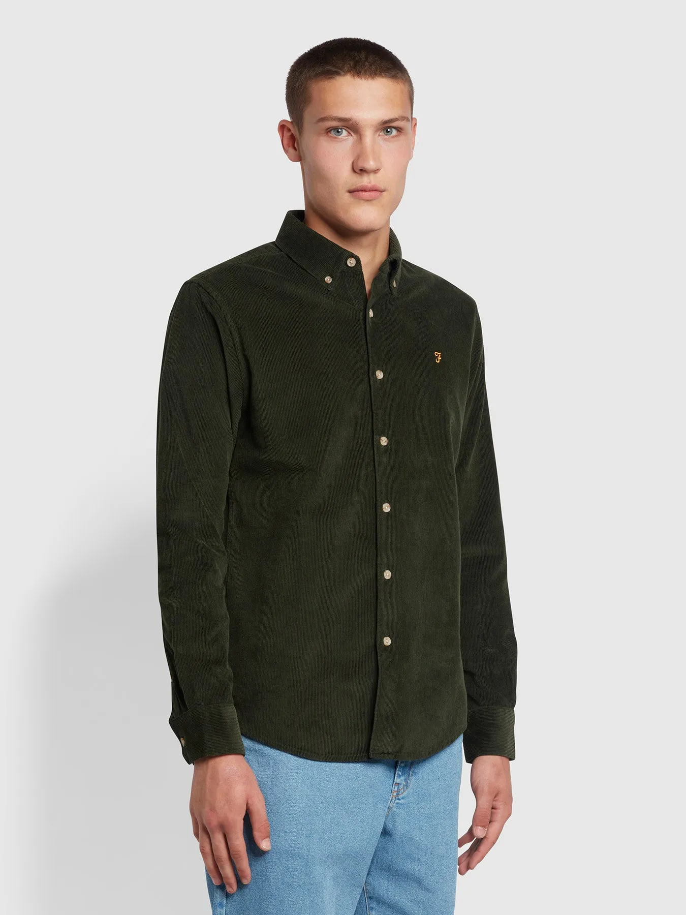 Bowery Casual Fit Organic Cotton Corduroy Shirt In Archive Olive Green sold by Farah