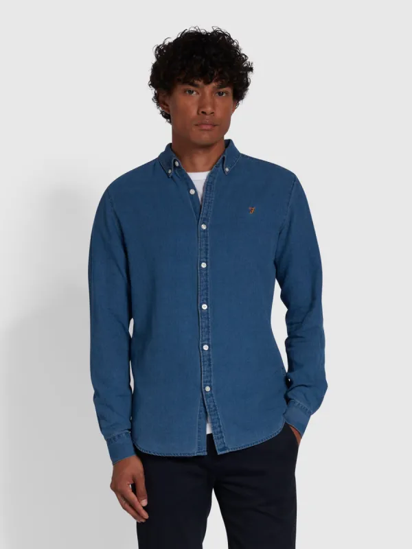 Brewer Slim Fit Organic Cotton Denim Shirt In Mid Indigo made by Farah