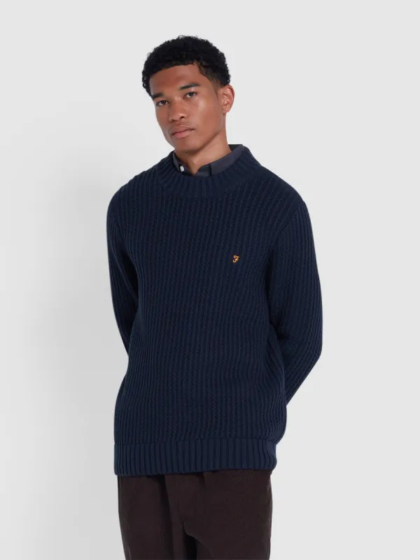 Burlington Fisherman Knit Sweater In True Navy sold by Farah