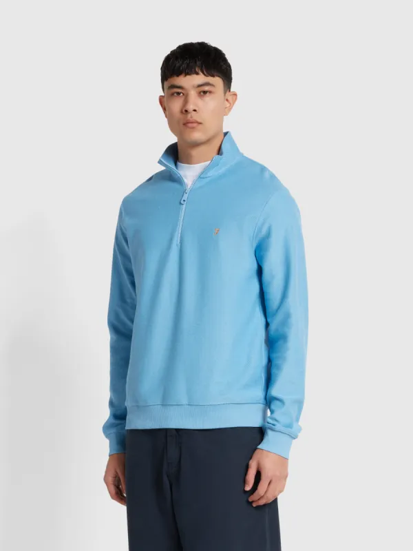 Weah Organic Cotton Half Zip Sweatshirt In Arctic Blue made by Farah