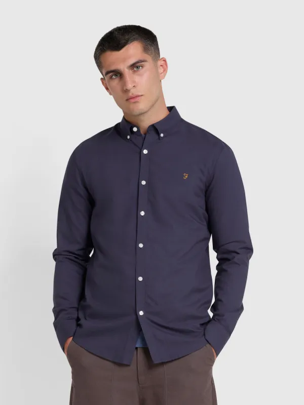 Brewer Slim Fit Organic Cotton Oxford Shirt In Liquorice Blue sold by Farah