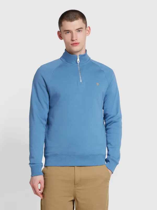 Jim Organic Cotton Quarter Zip Sweatshirt In Sheaf Blue made by Farah