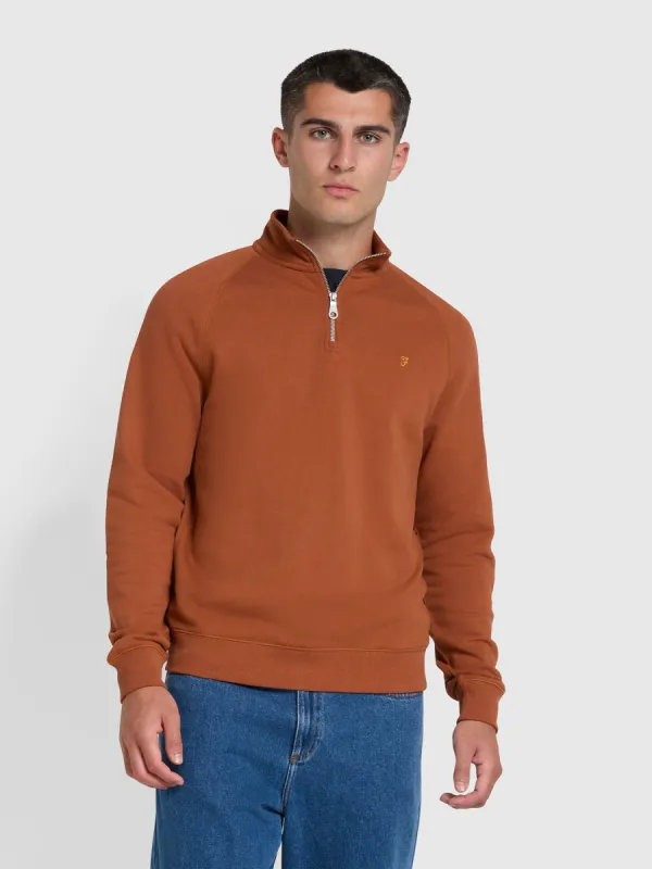 Jim Quarter Zip Sweatshirt In Teak made by Farah