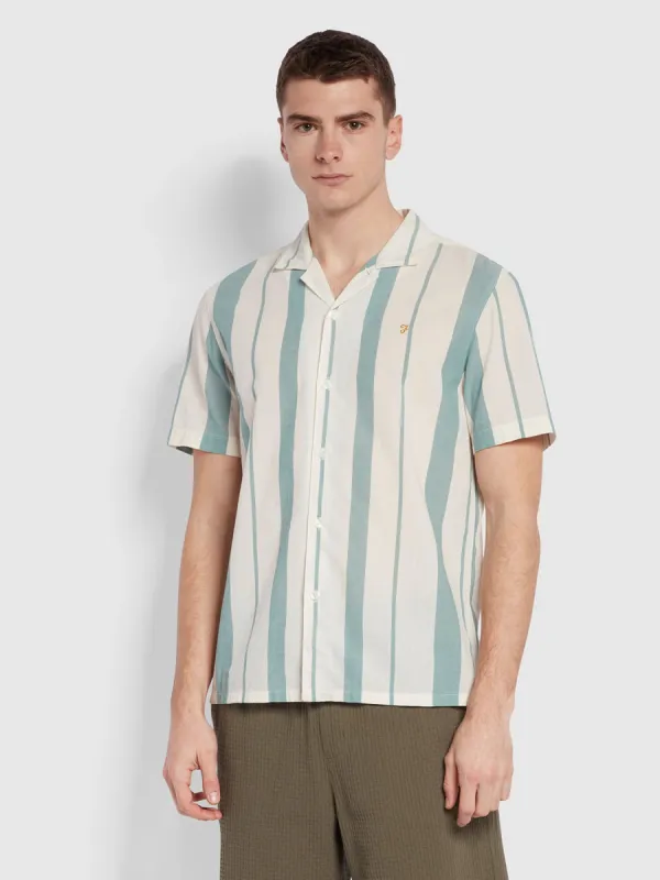 Adler Casual Fit Short Sleeve Stripe Revere Shirt In Mallard Green made by Farah