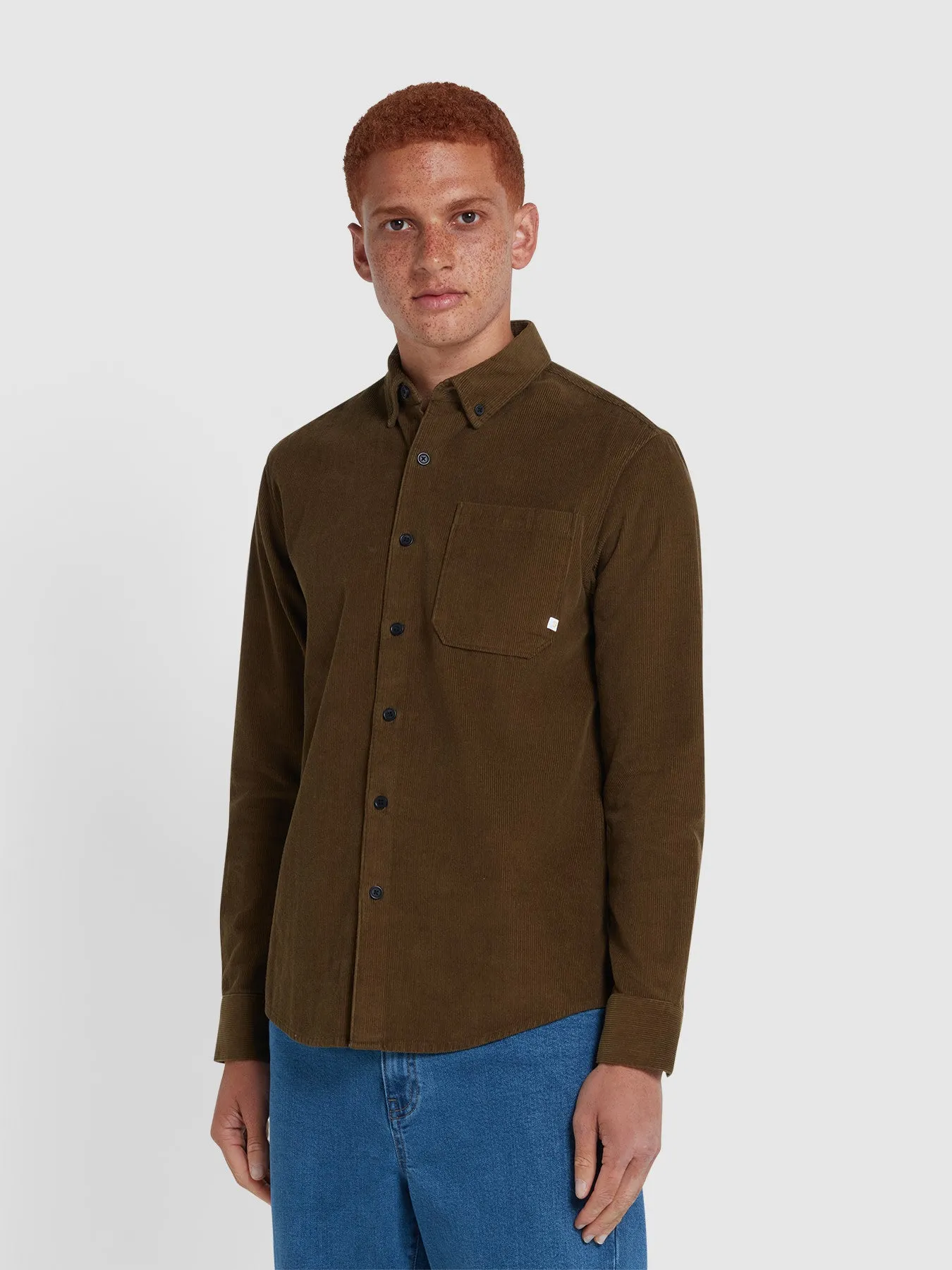 Spencer Casual Fit Corduroy Shirt In Green Khaki sold by Farah