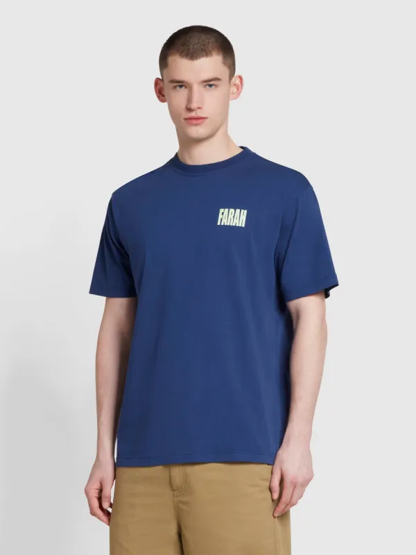 Damon Farah Logo Print T-Shirt In Rich Indigo sold by Farah