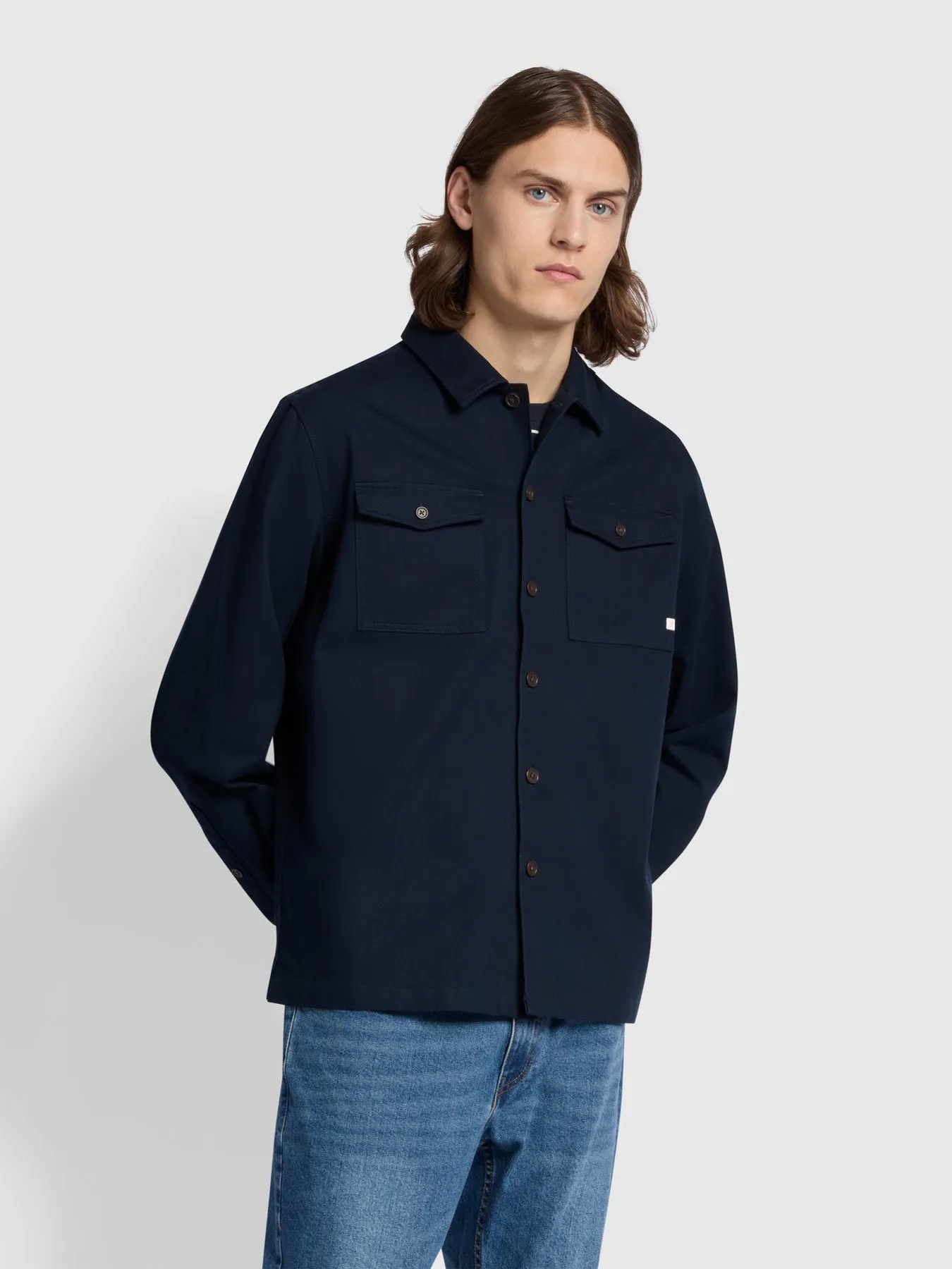 Peter Casual Fit Long Sleeve Overshirt In True Navy sold by Farah